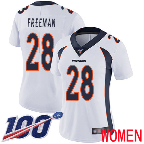 Women Denver Broncos 28 Royce Freeman White Vapor Untouchable Limited Player 100th Season Football NFL Jersey